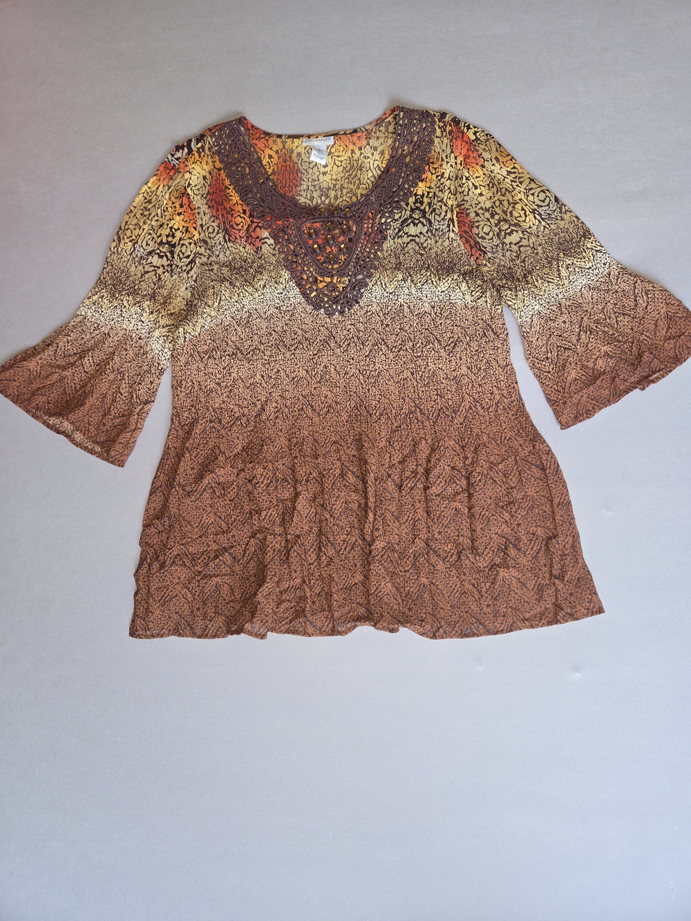 Catherines Tunic Top Women's 2X (22/24W) Brown Boho Crochet Neck Bell Sleeve